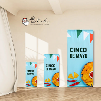 Cinco de Mayo tortilla chip pole banner displayed in multiple size options