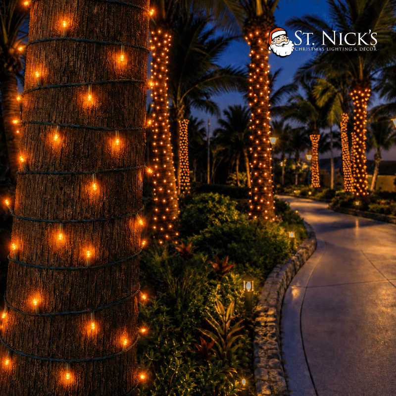 Orange commercial LED mini lights wrap palm tree trunks along a landscaped walkway illuminated during the evening.