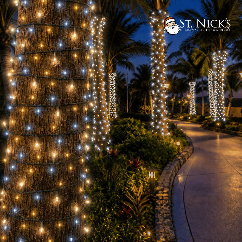 Warm and cool white LED mini lights wrap palm tree trunks along a landscaped resort walkway illuminated at night.