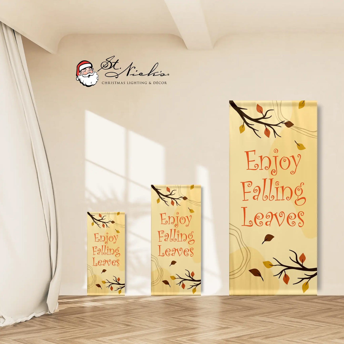 Enjoy Falling Leaves fall pole banner shown in multiple size options