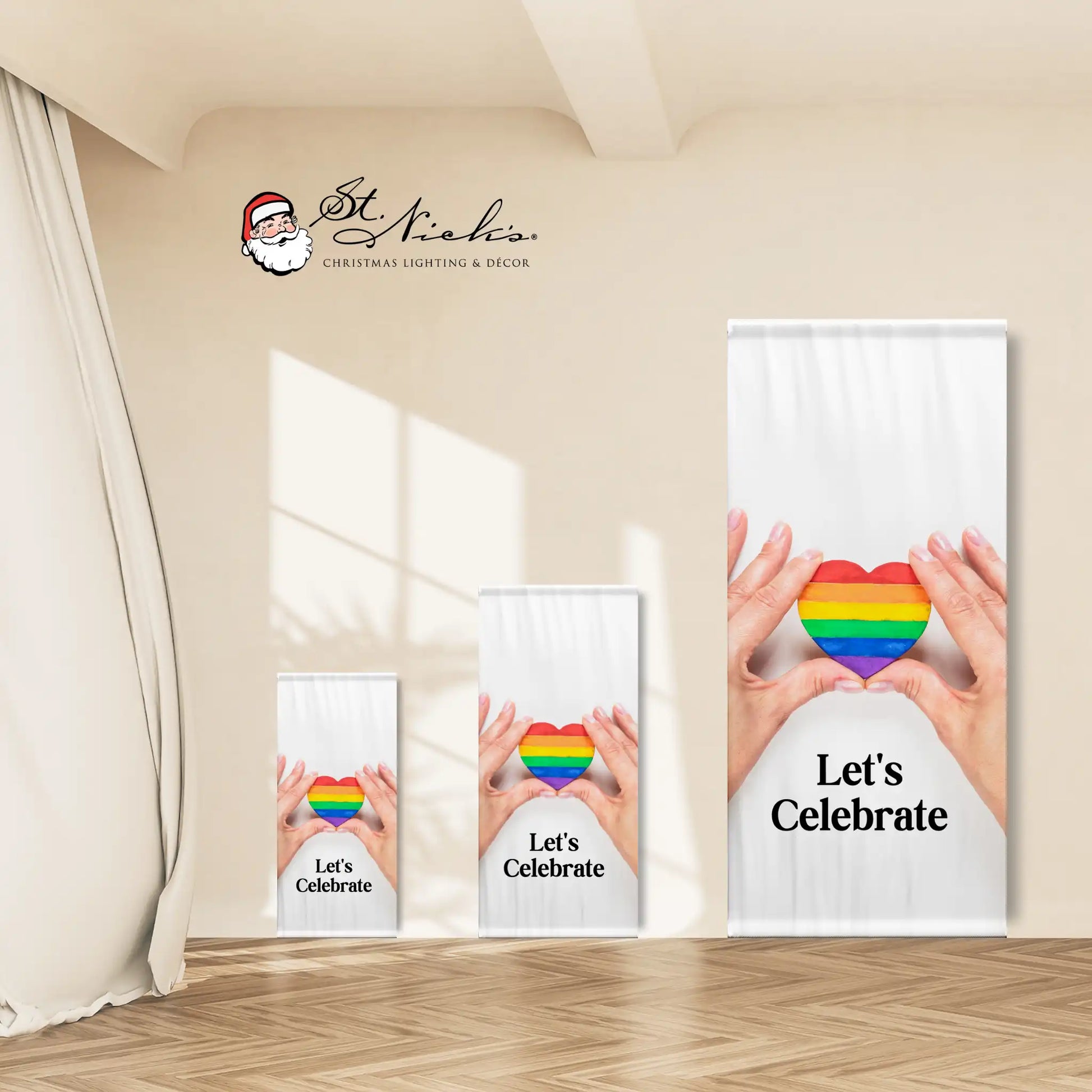 Let’s Celebrate pride pole banner shown in multiple size options