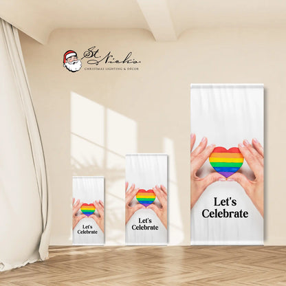 Let’s Celebrate pride pole banner shown in multiple size options