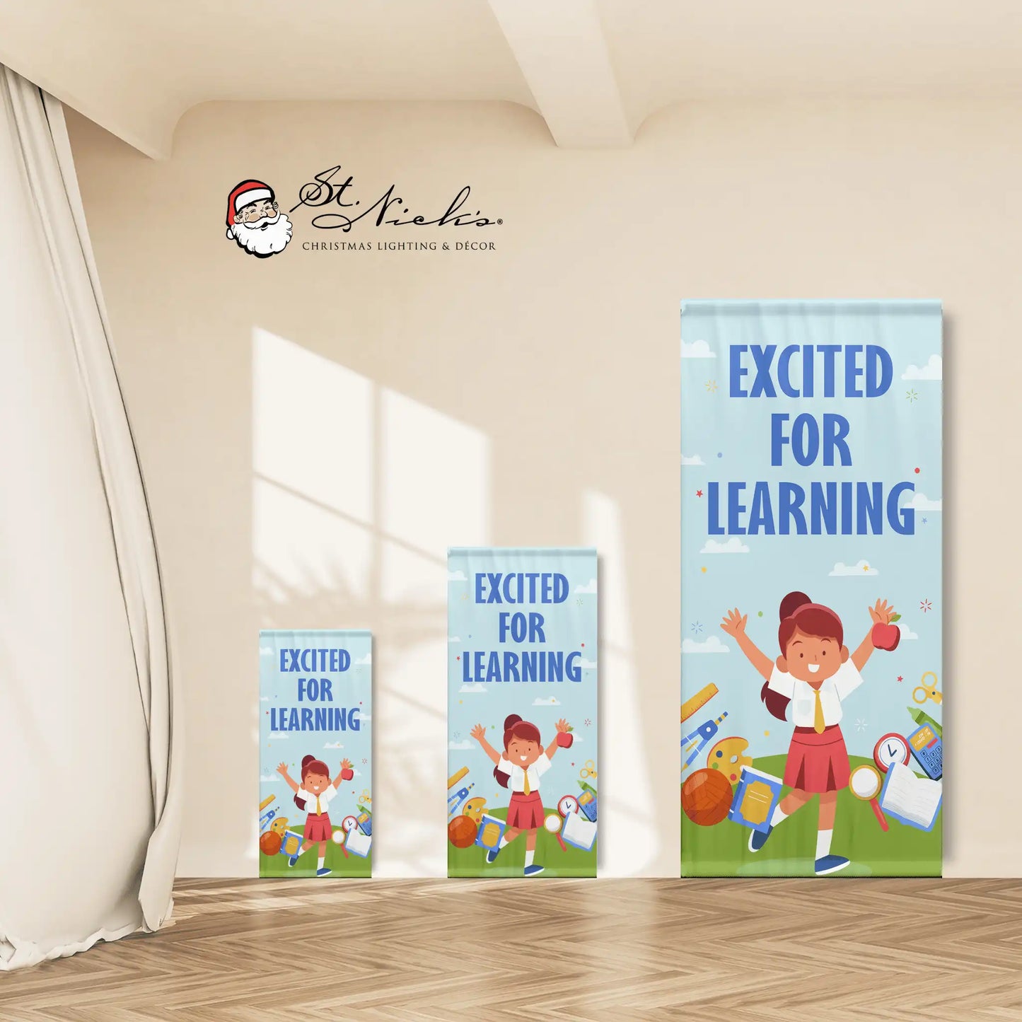 Excited for Learning school pole banner shown in multiple size options