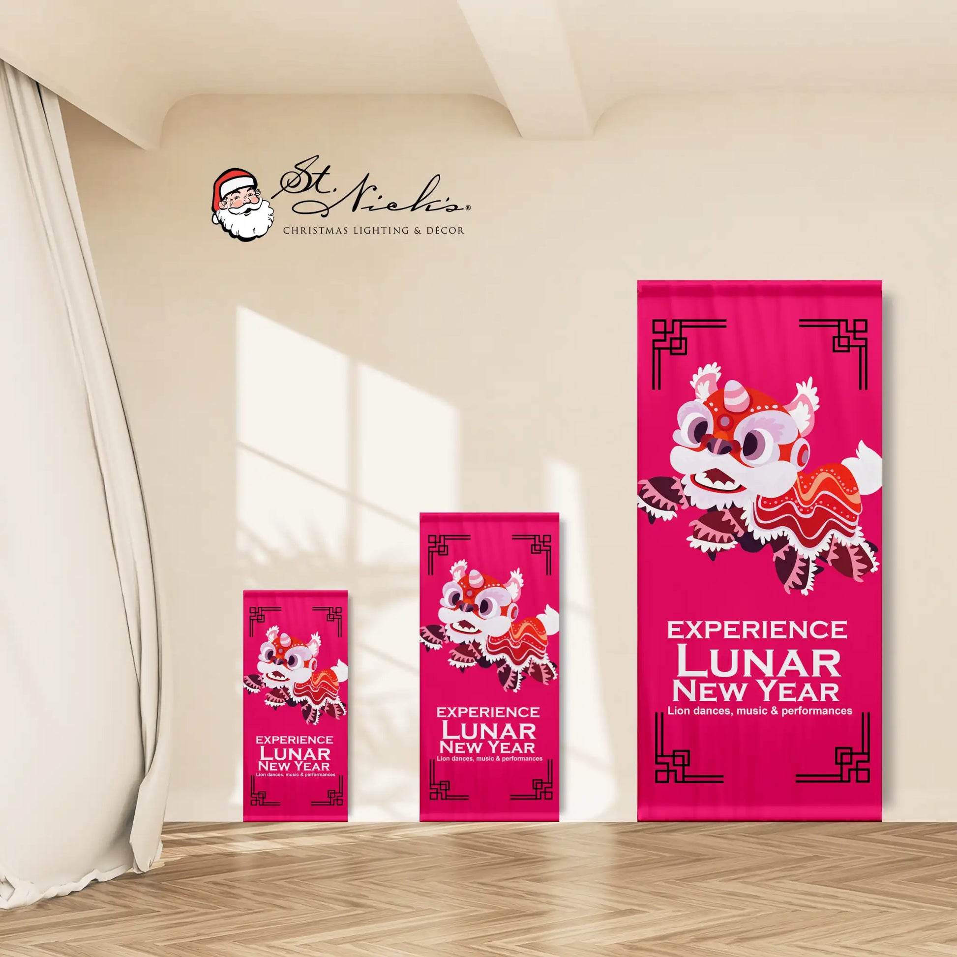 Experience Lunar New Year lion dance pole banner shown in multiple size options