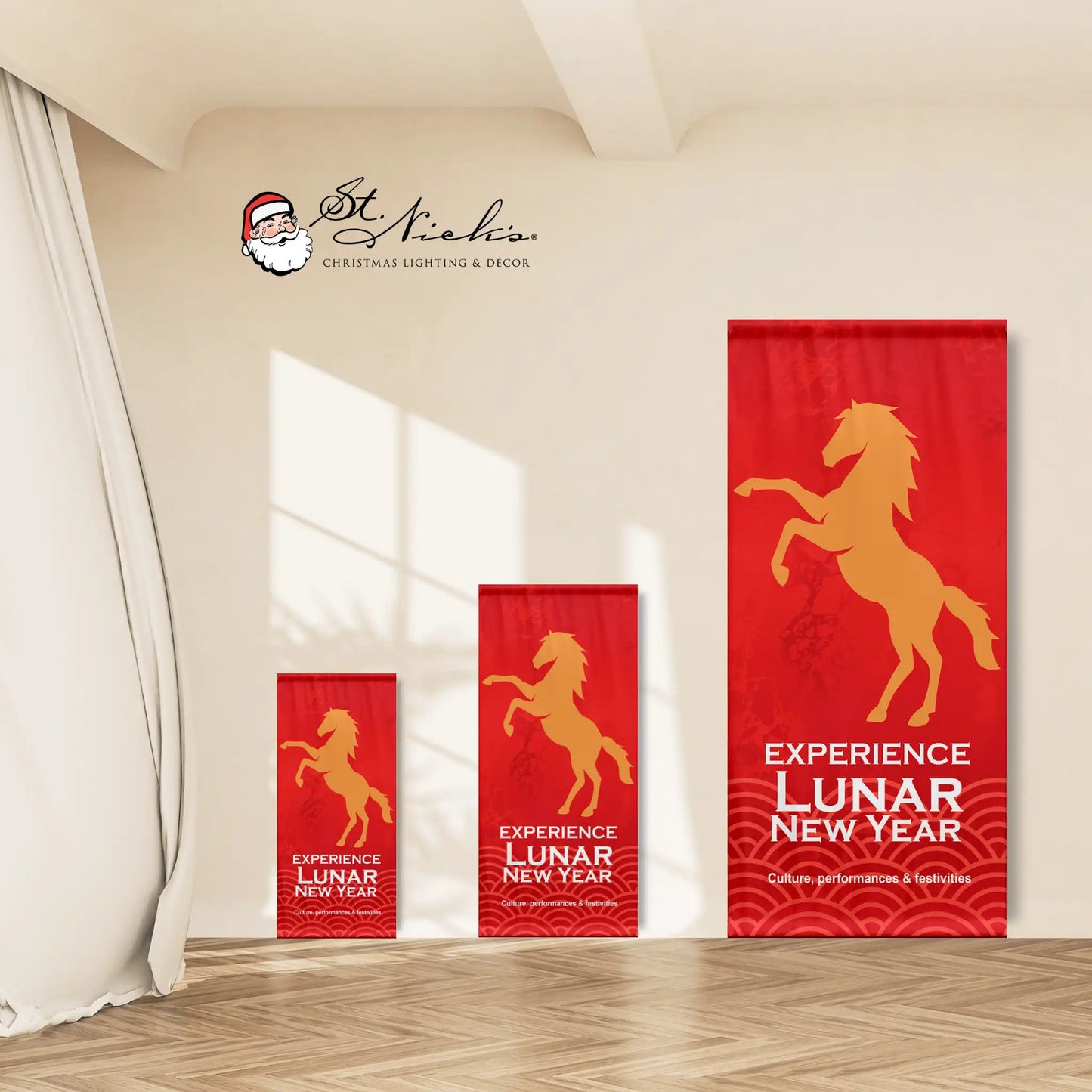 Experience Lunar New Year Year of the Horse pole banner shown in multiple size options