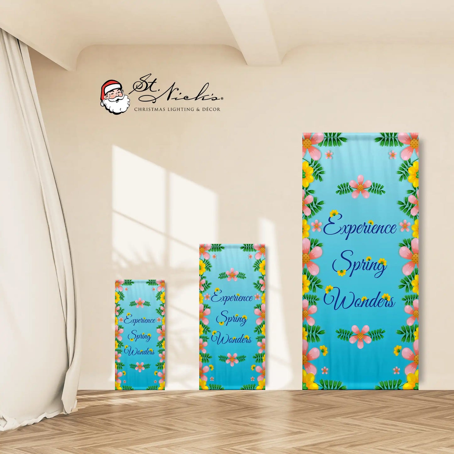 Experience Spring Wonders spring pole banner shown in multiple size options