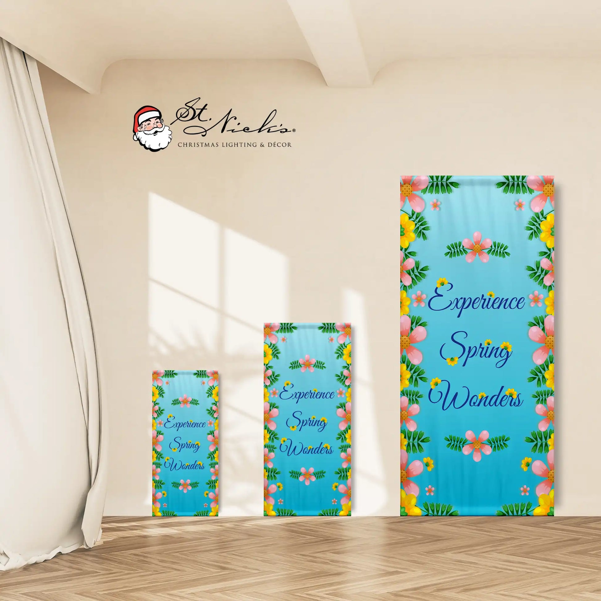 Experience Spring Wonders spring pole banner shown in multiple size options