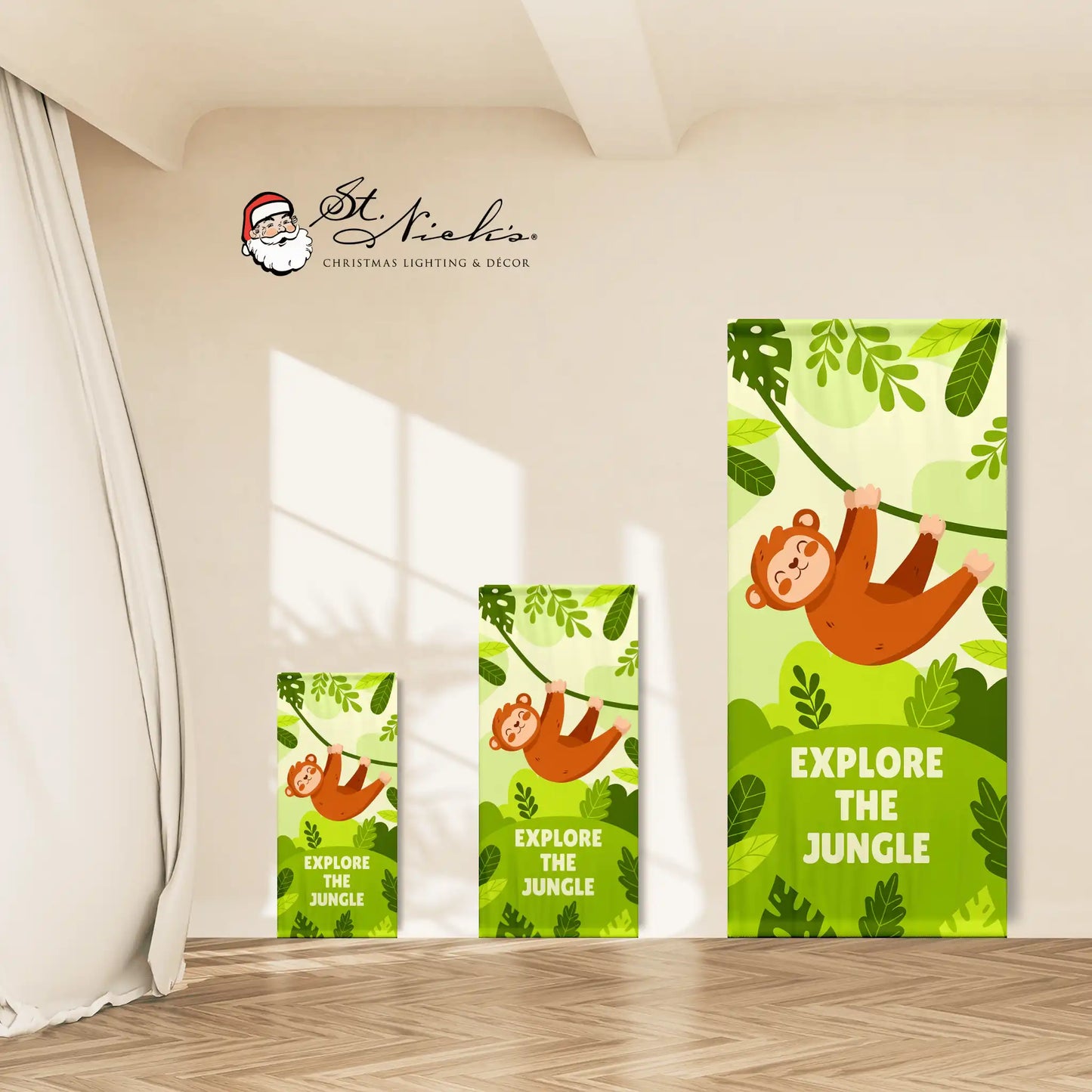 Explore the Jungle green banner shown in multiple sizes with cheerful monkey and jungle foliage design