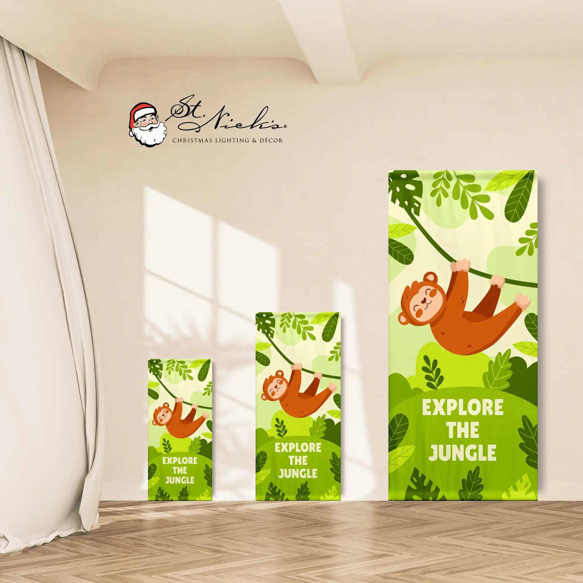 Explore the Jungle green banner shown in multiple sizes with cheerful monkey and jungle foliage design