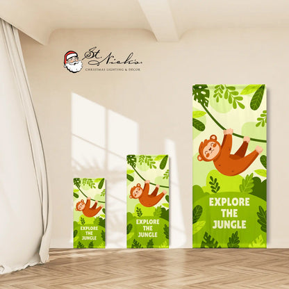 Explore the Jungle green banner shown in multiple sizes with cheerful monkey and jungle foliage design