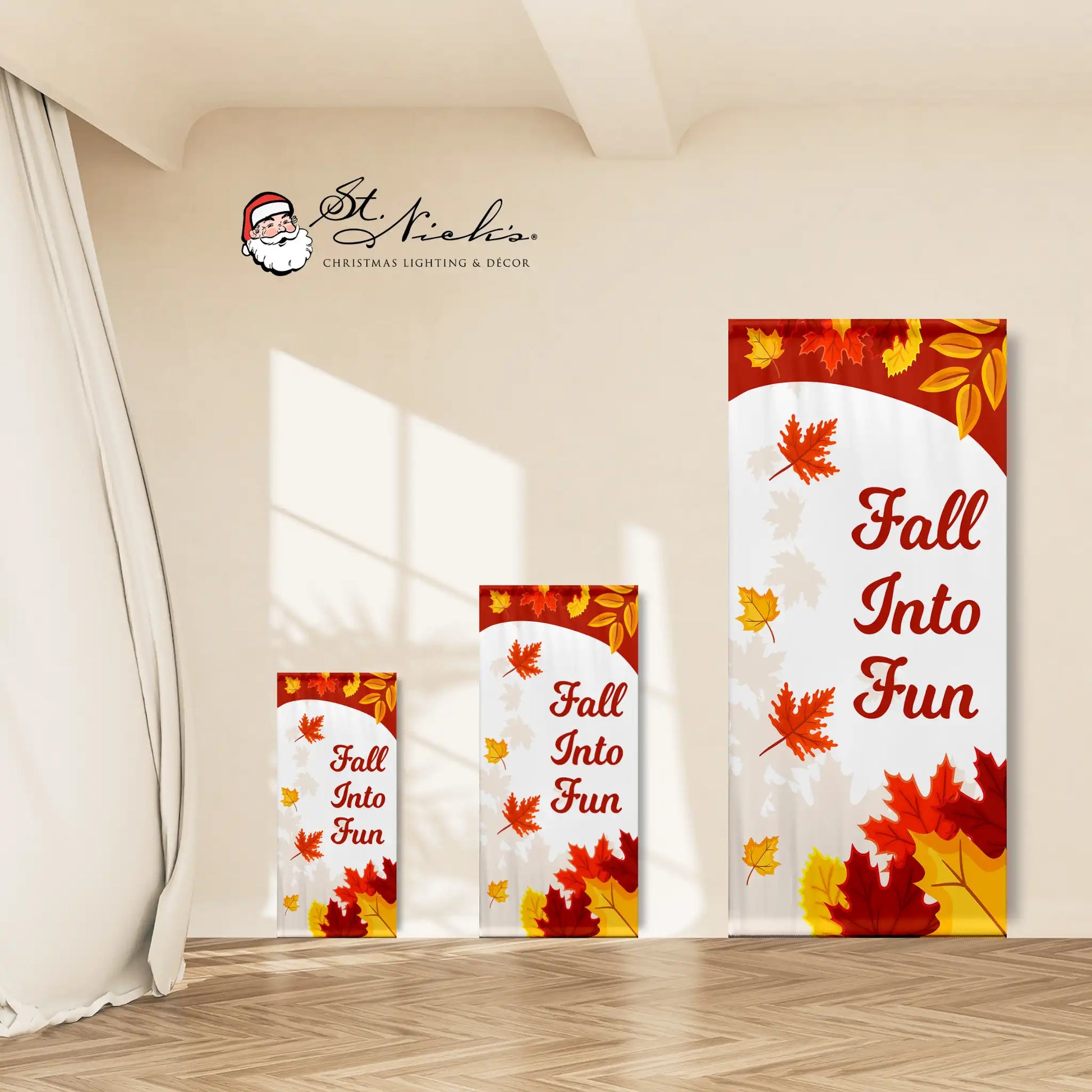 Fall Into Fun autumn pole banner shown in multiple size options