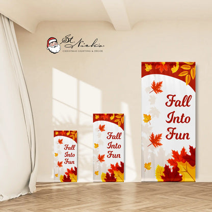 Fall Into Fun autumn pole banner shown in multiple size options