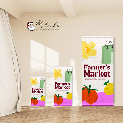 Farmer’s Market cream pole banner shown in multiple size options