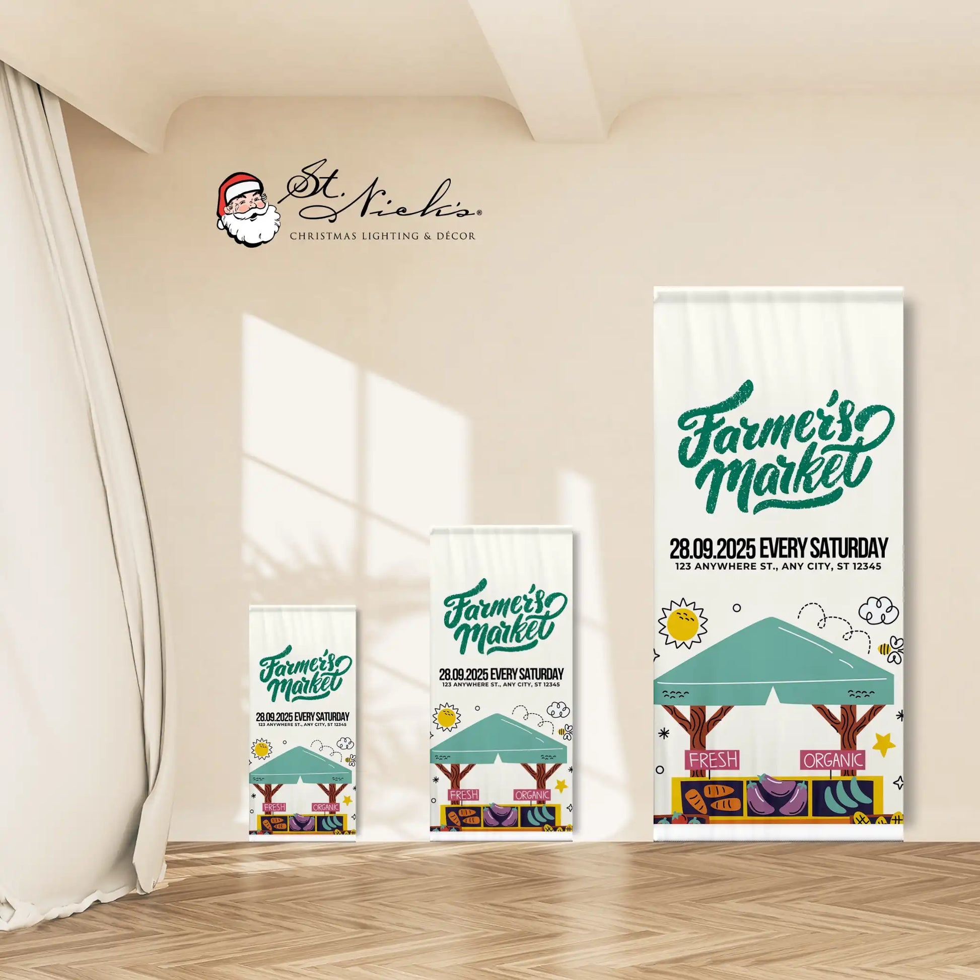 Farmers Market pole banner shown in multiple size options