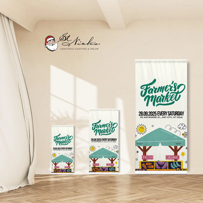 Farmers Market pole banner shown in multiple size options
