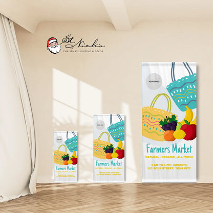 Farmers Market grocery bag pole banner shown in multiple size options