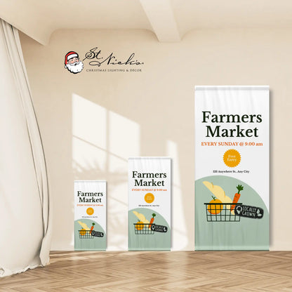 Farmers Market pole banner shown in multiple size options