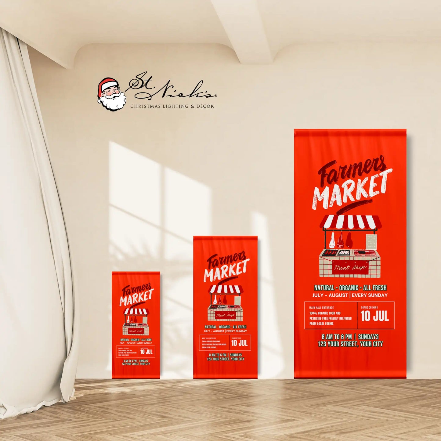 Farmers Market red pole banner shown in multiple size options for street and community displays