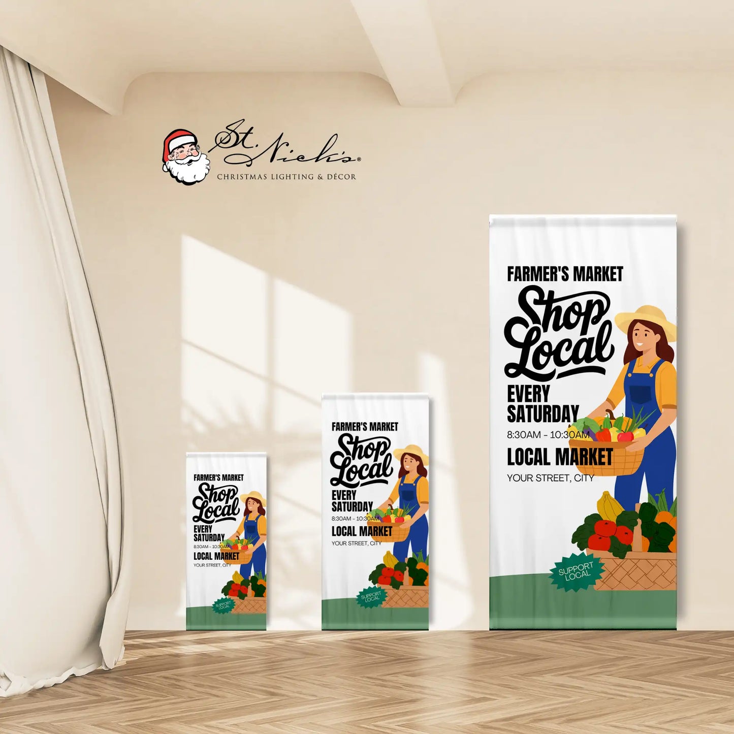 Farmer’s Market shop local pole banner shown in multiple size options