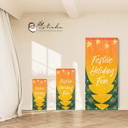 Festive Holiday Fun holiday pole banner displayed in multiple size options for street pole use