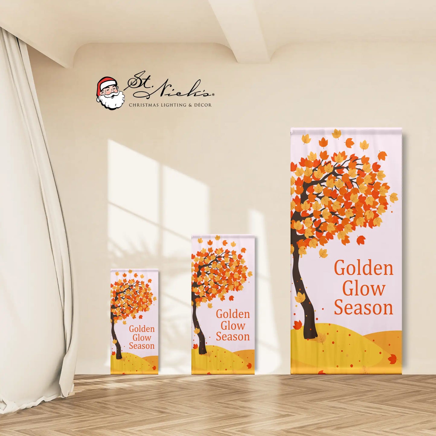 Golden Glow Season fall pole banner shown in multiple size options for street pole displays