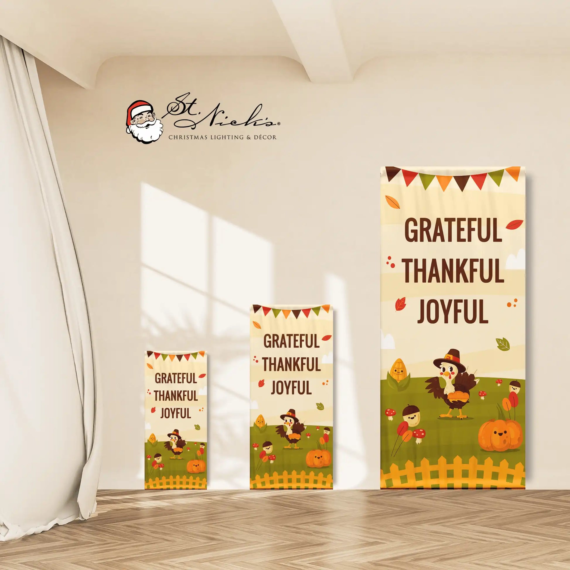 Grateful Thankful Joyful Thanksgiving pole banner shown in multiple size options