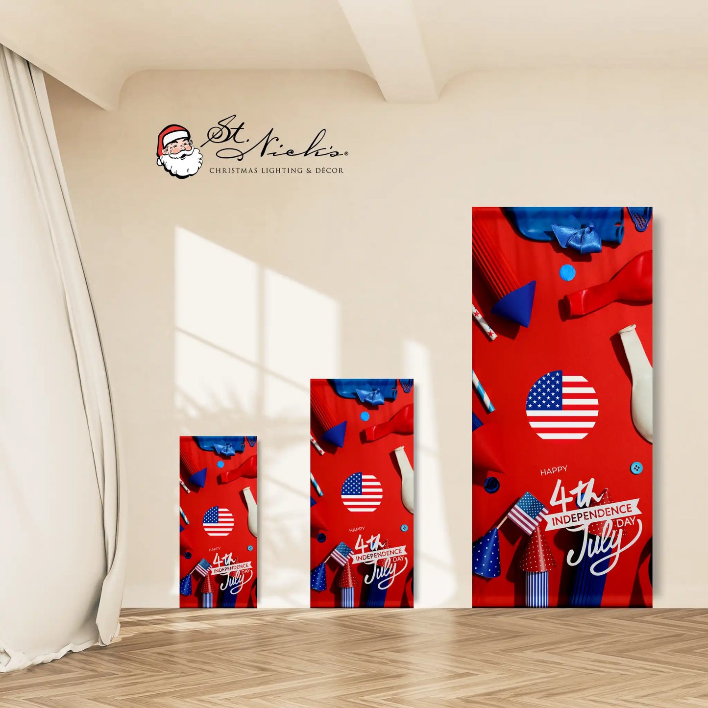 Happy 4th of July red party pole banner shown in multiple size options