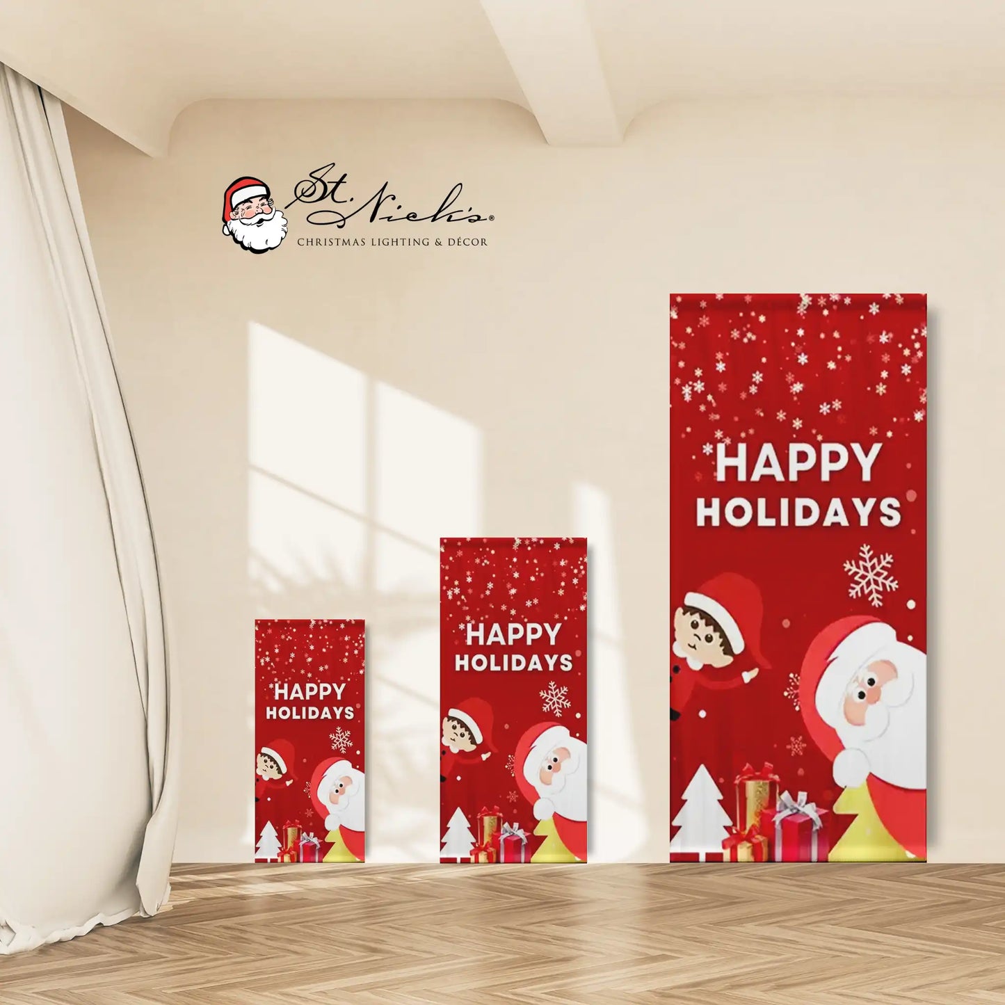 Happy Holidays Christmas pole banner shown in multiple size options