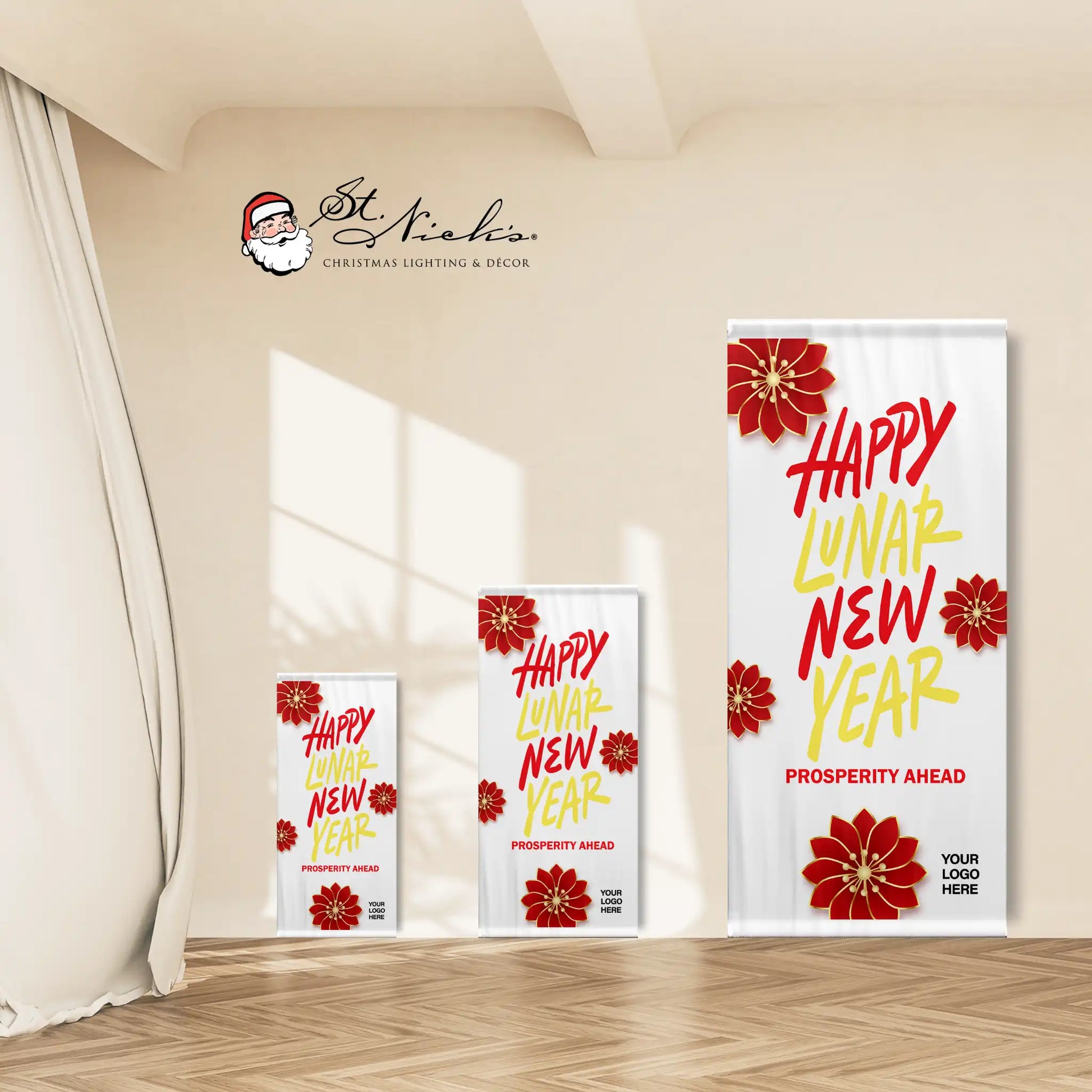 Happy Lunar New Year prosperity pole banner shown in multiple size options