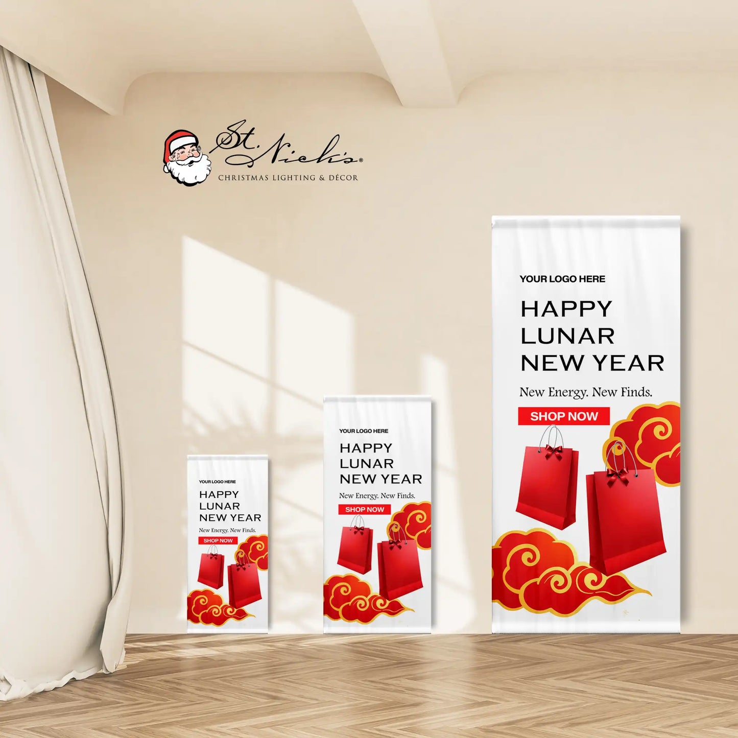 Happy Lunar New Year shopping bag pole banner shown in multiple size options