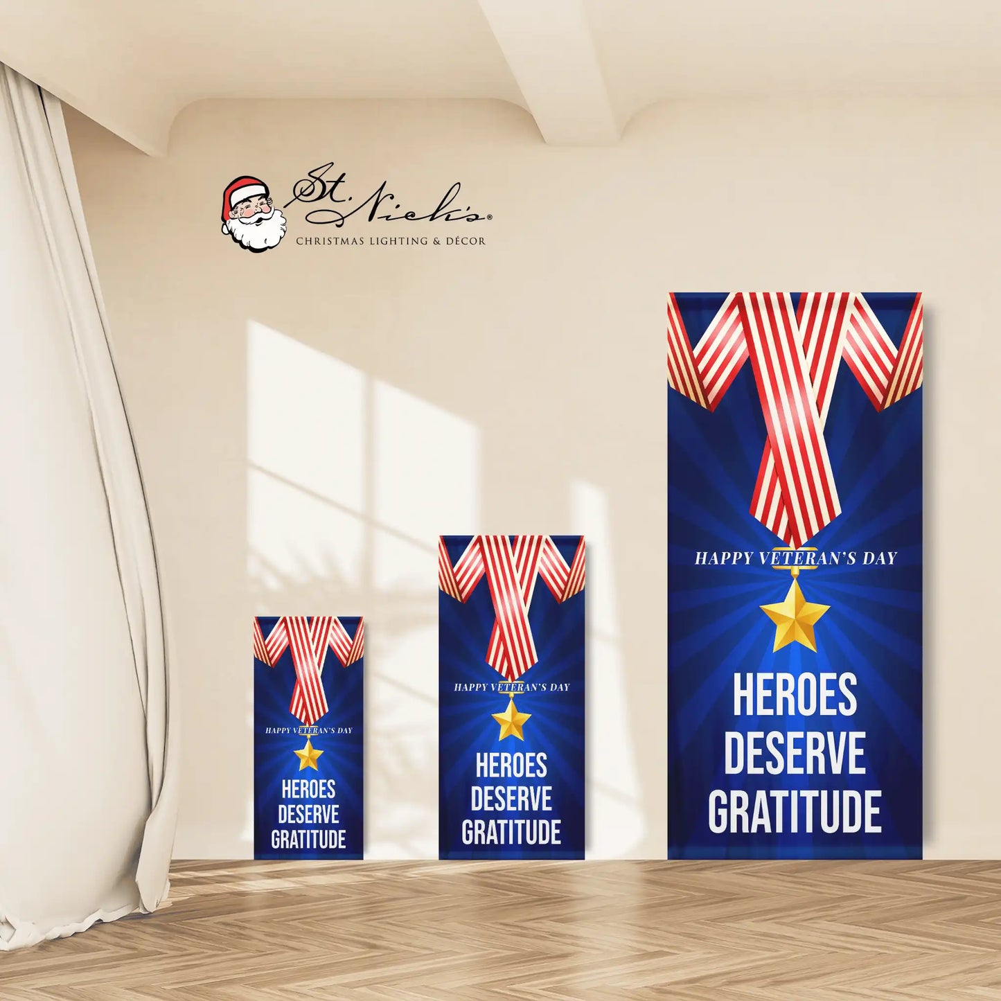 Heroes Deserve Gratitude Veterans Day pole banner shown in multiple size options