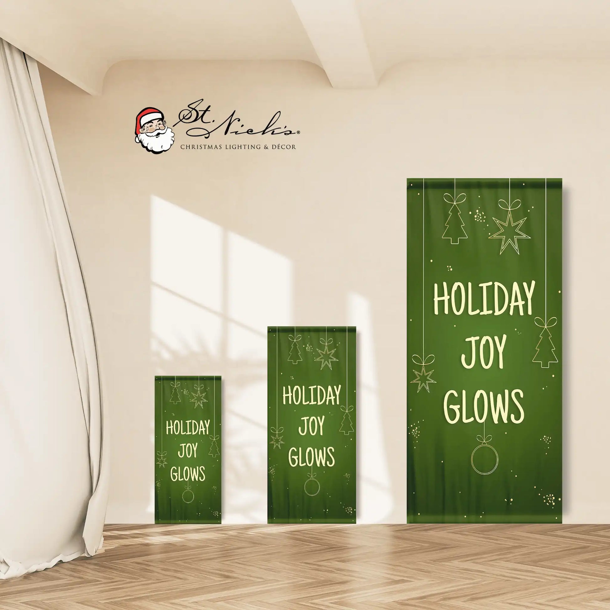 Holiday Joy Glows Christmas pole banner shown in multiple size options