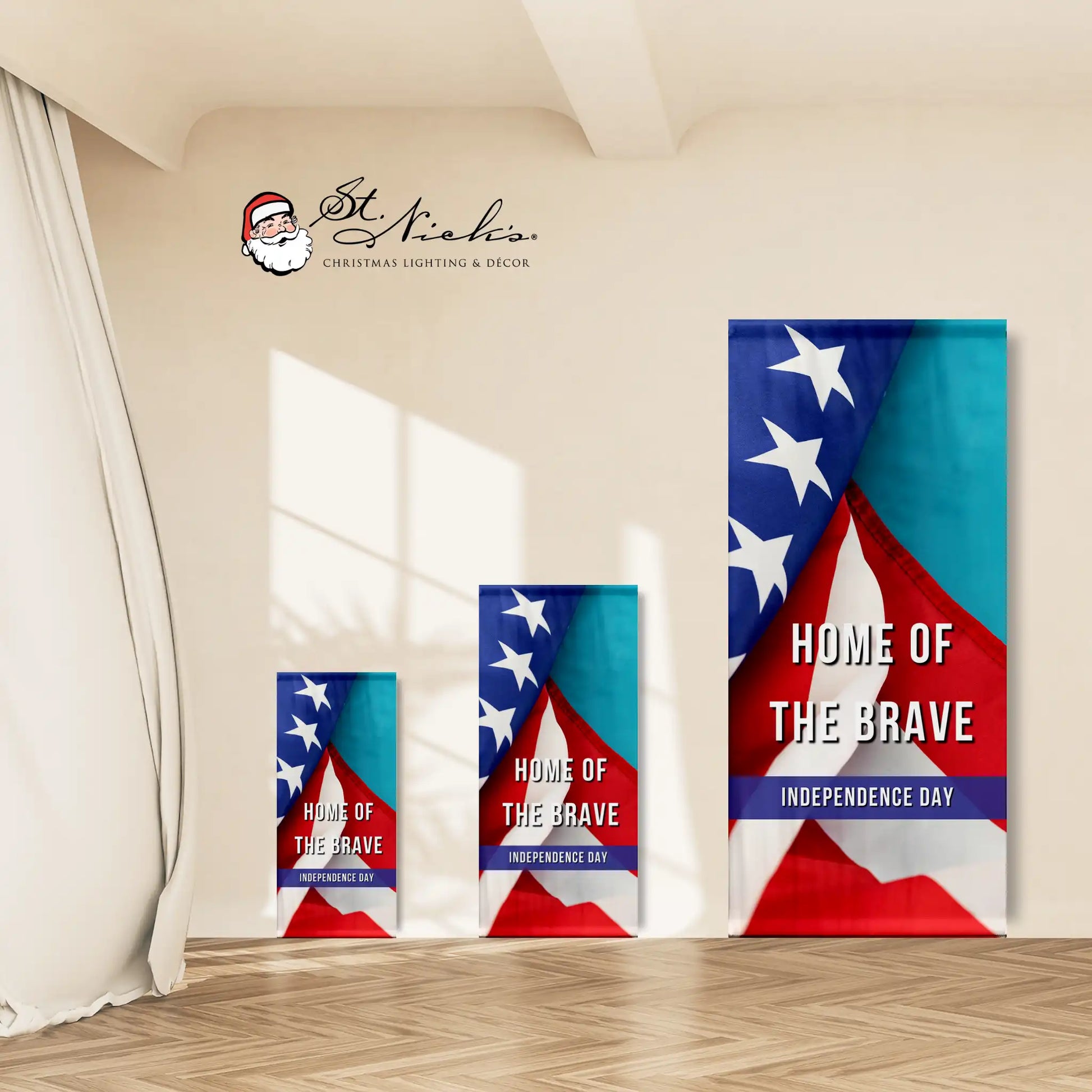 Home of the Brave Independence Day pole banner shown in multiple size options