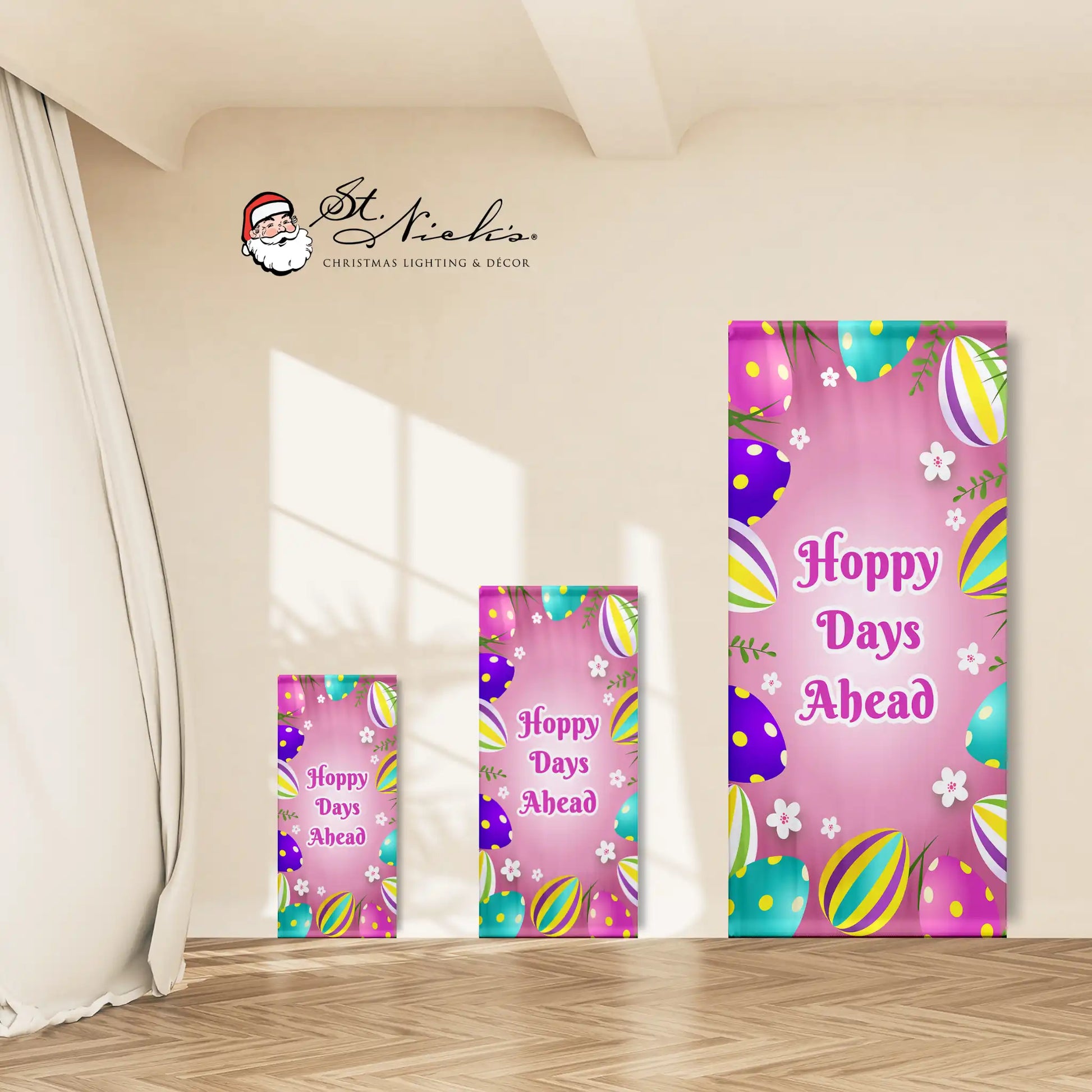 Hoppy Days Ahead Easter pole banner shown in multiple size options