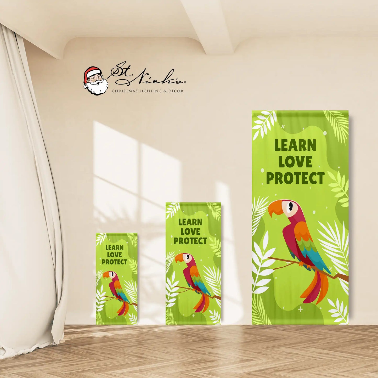 Learn Love Protect green banner size options showcasing parrot artwork for zoo pathways