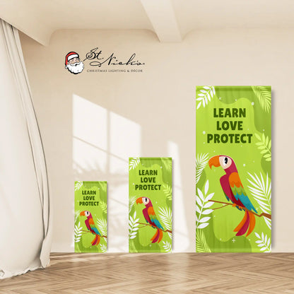 Learn Love Protect green banner size options showcasing parrot artwork for zoo pathways