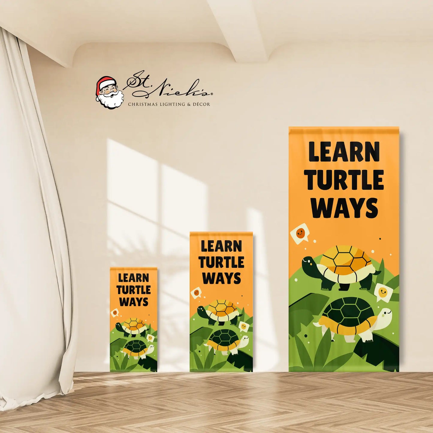Learn Turtle Ways banner size comparison with turtle illustrations indoor display