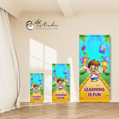Learning Is Fun school pole banner shown in multiple size options