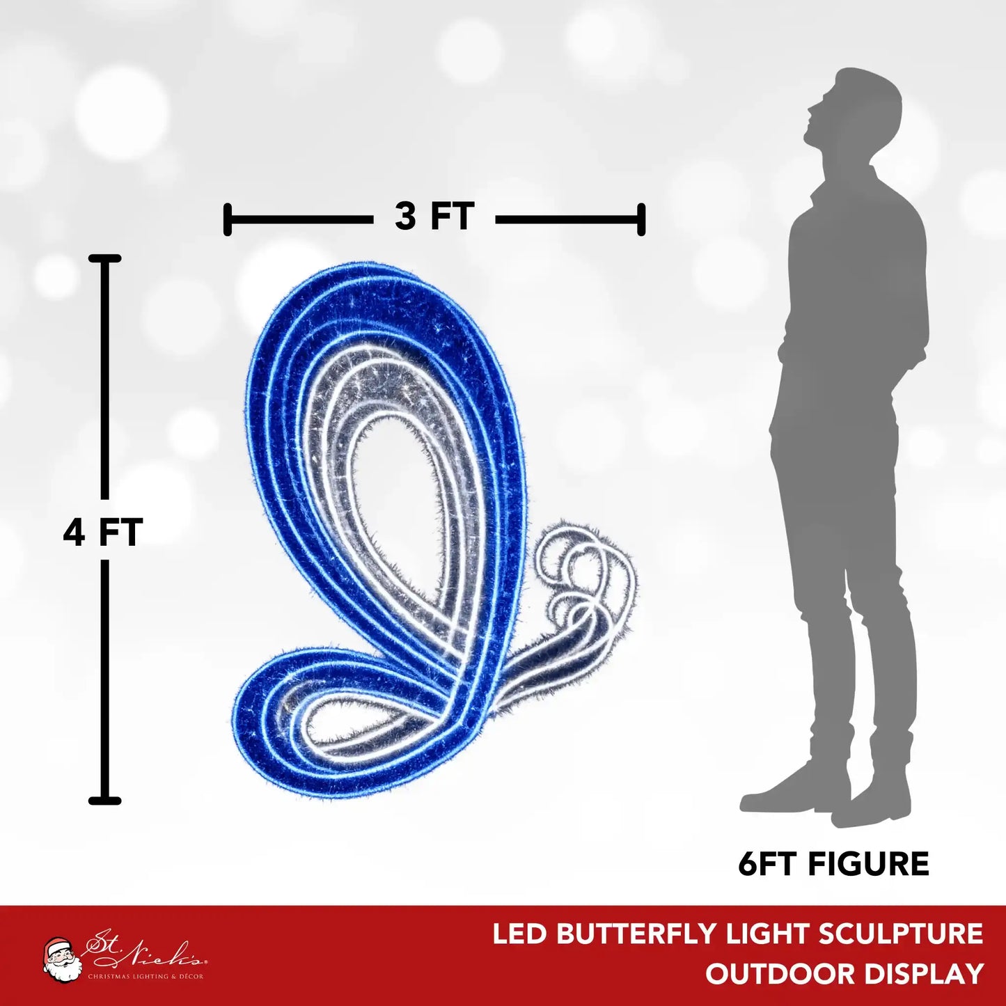 4 foot LED butterfly light sculpture shown with size reference for outdoor display installation