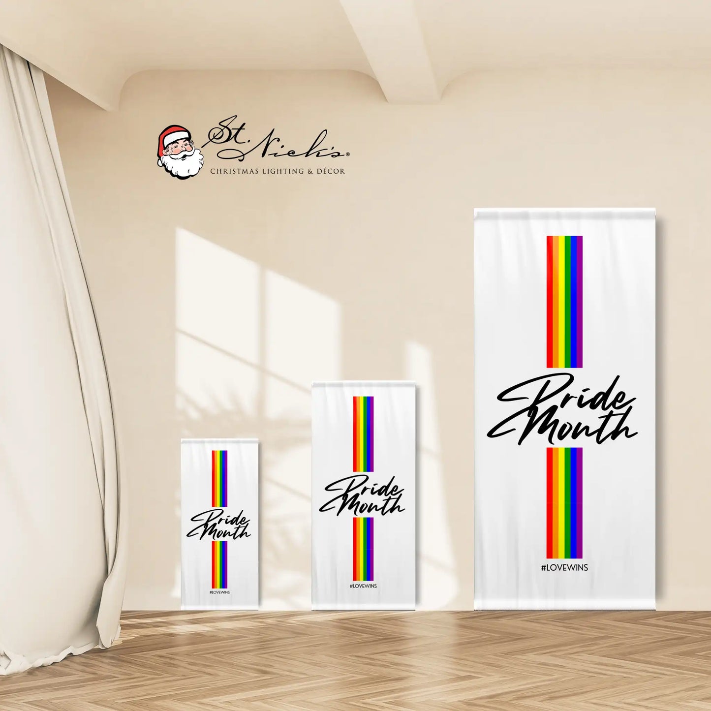 Love Is Love Pride Month pole banner shown in multiple size options