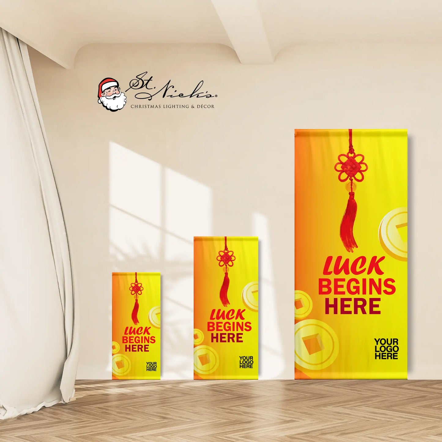 Luck Begins Here Lunar New Year pole banner shown in multiple size options