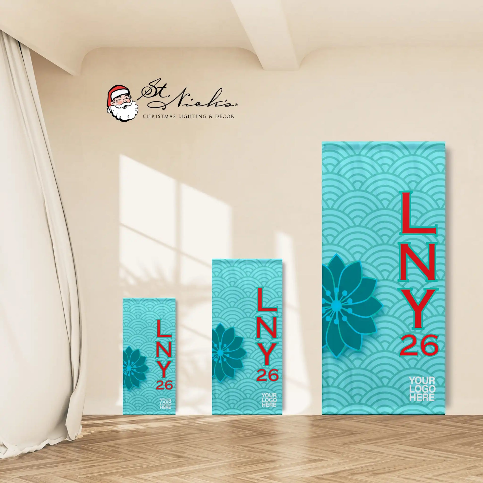 Lunar New Year 2026 teal custom pole banner shown in multiple size options