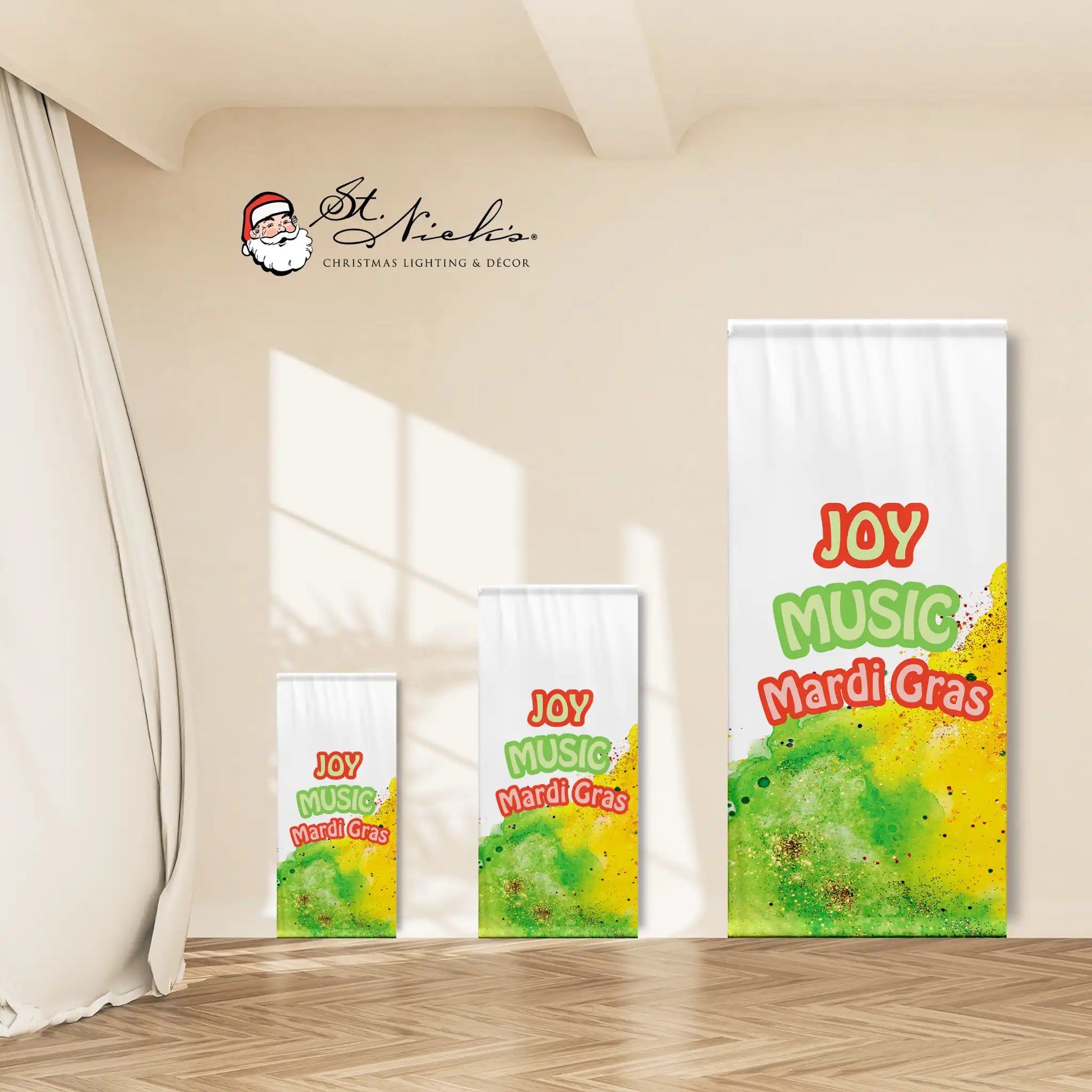 Joy Music Mardi Gras pole banner displayed in multiple size options