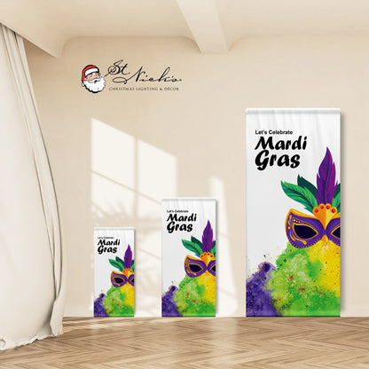 Let’s Celebrate Mardi Gras street pole banner shown in multiple size options for commercial display