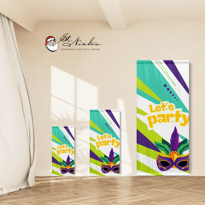 Mardi Gras Let’s Party carnival mask pole banner shown in multiple size options