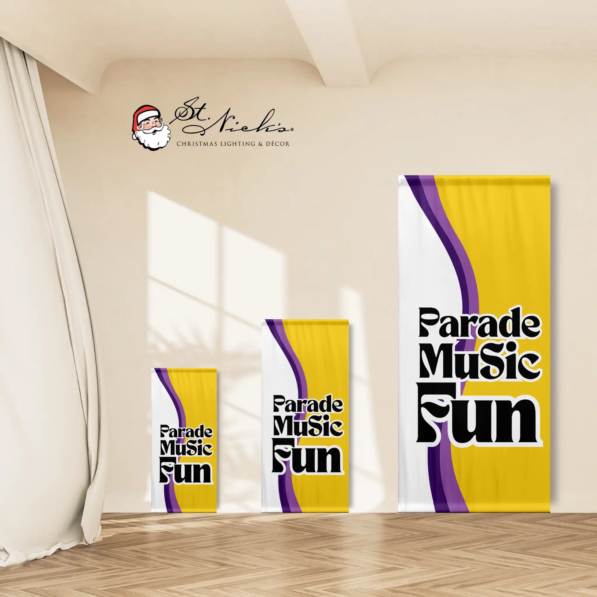 Mardi Gras Parade Music Fun pole banner shown in multiple size options