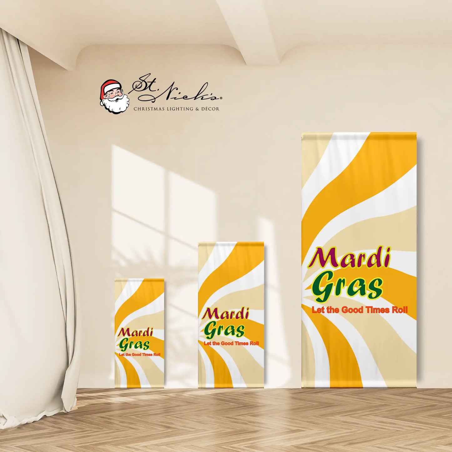 Mardi Gras yellow swirl pole banner displayed in multiple size options