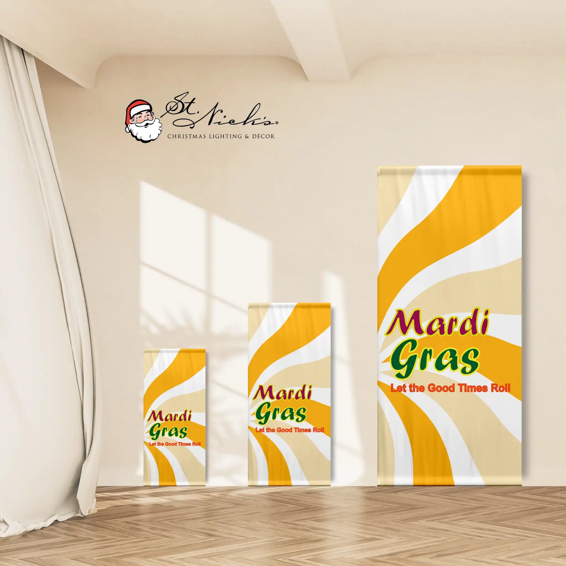 Mardi Gras yellow swirl pole banner displayed in multiple size options