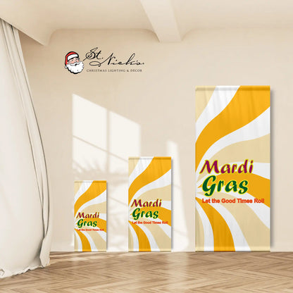 Mardi Gras yellow swirl pole banner displayed in multiple size options
