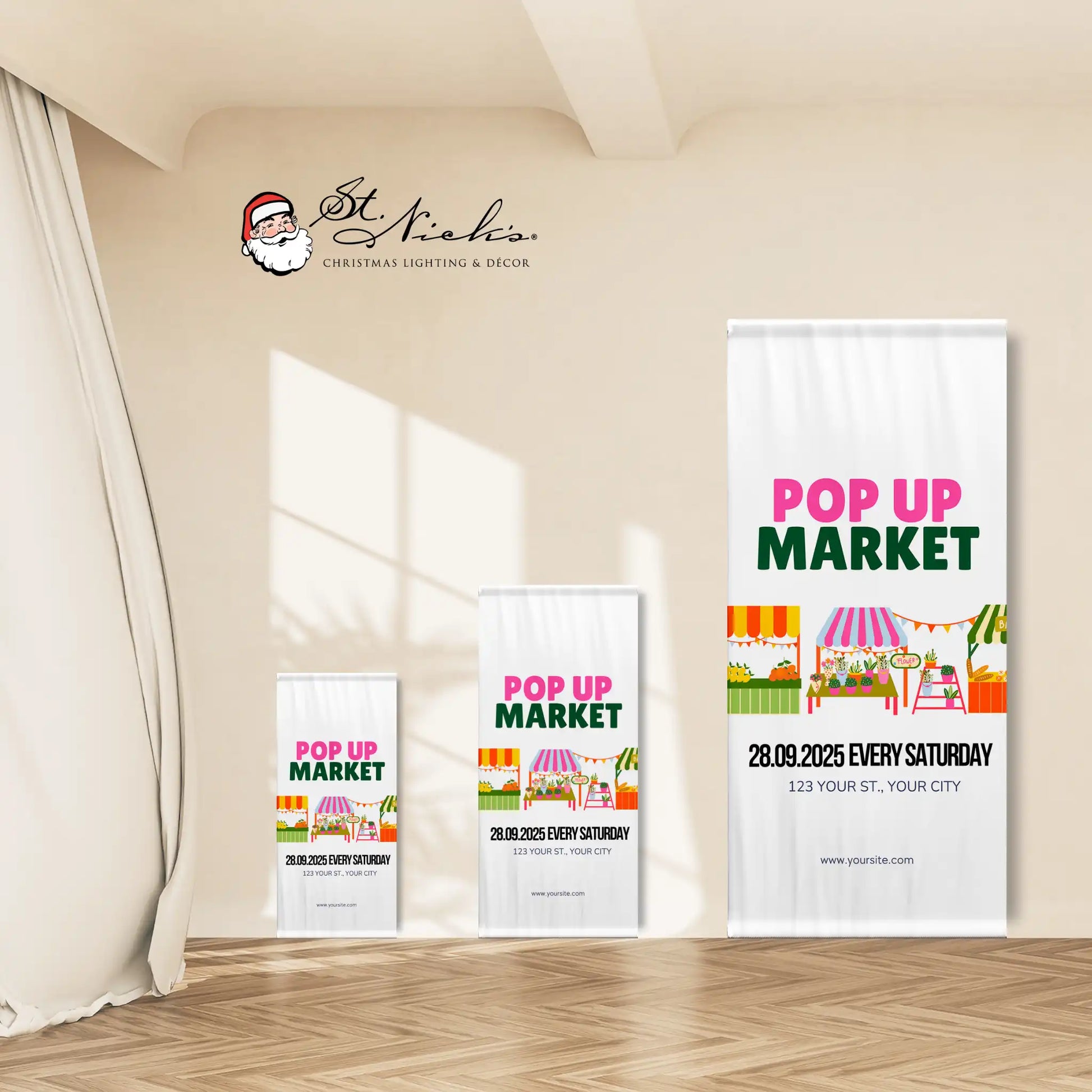 Pop Up Market pole banner shown in multiple size options